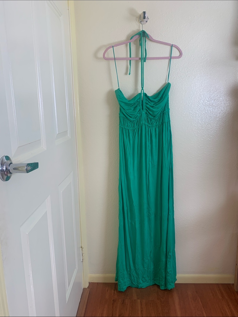 NWOT Easel Teal-Green Halter Ruched Maxi Dress, Size L